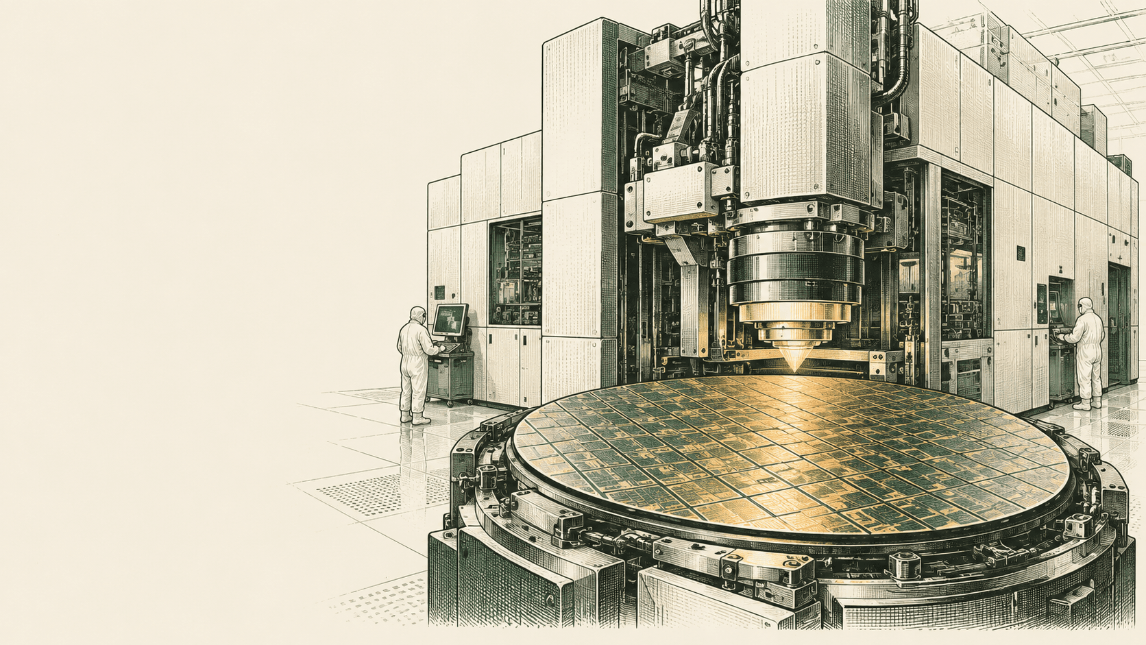 Ilustración editorial de una máquina de litografía y una oblea de silicio